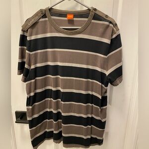 Men's Striped Hugo Boss T-Shirt - Black, Tan, and Gray / XXL